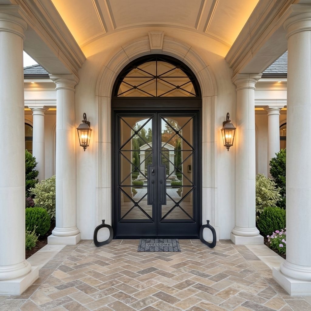 Round Top Tempered Glass Double Entry Door