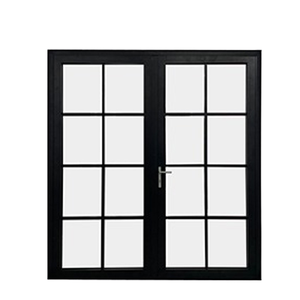 OEM Custom French Double Doors Double Swing Black Aluminum Grid Clear Glass Patio Villa Thermal Fire Rated