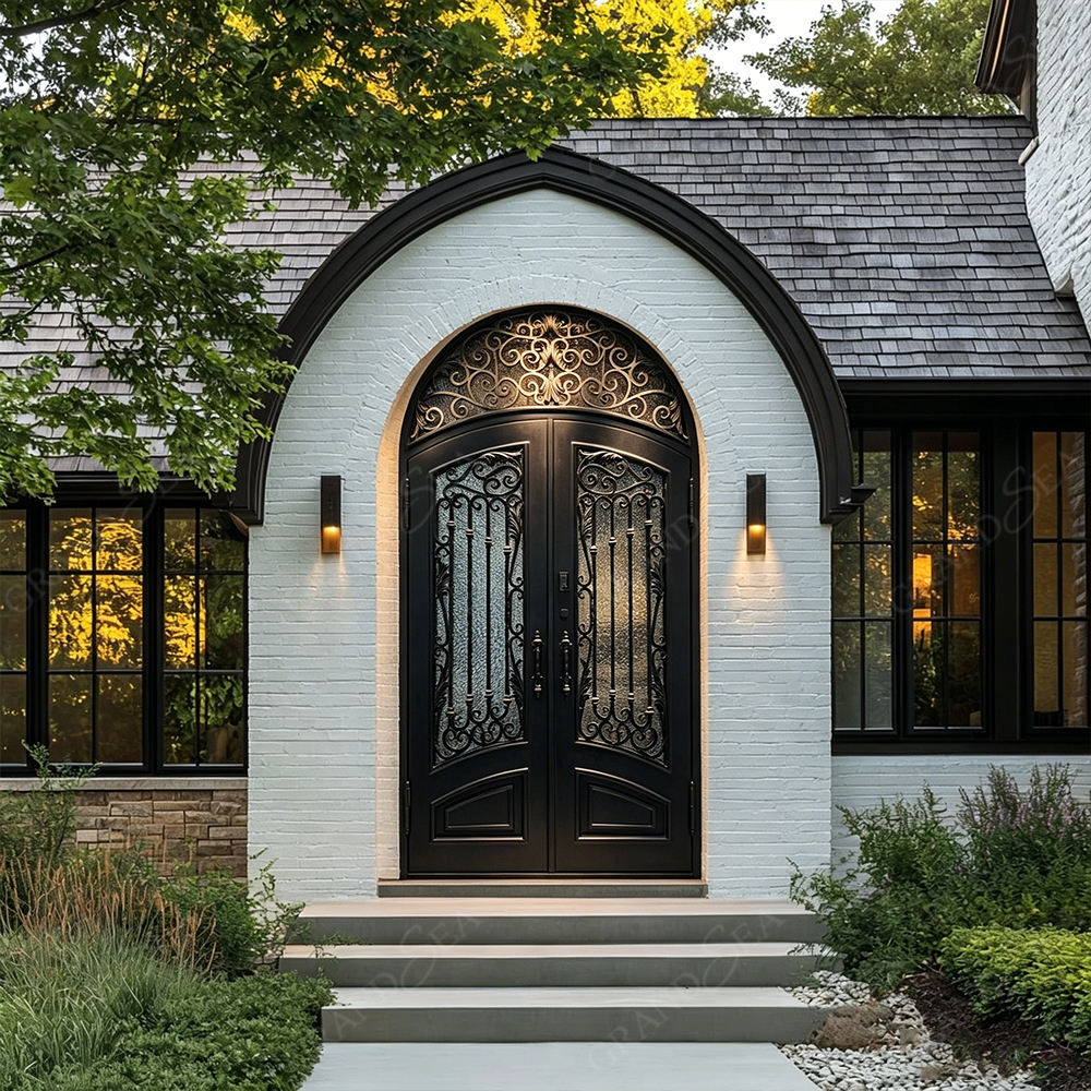 Custom Wrought Iron Glass Door Luxury Exterior Double Entry