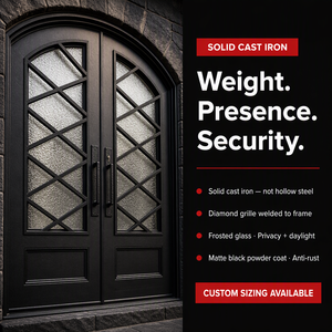 Minimalist Matte Black Steel Arched Double Entry Door Diamond Grille