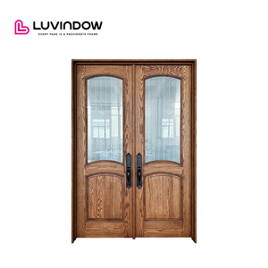 Modern Solid Wood Entry Front Door Custom Carving Low-E Double Tempered Glass
