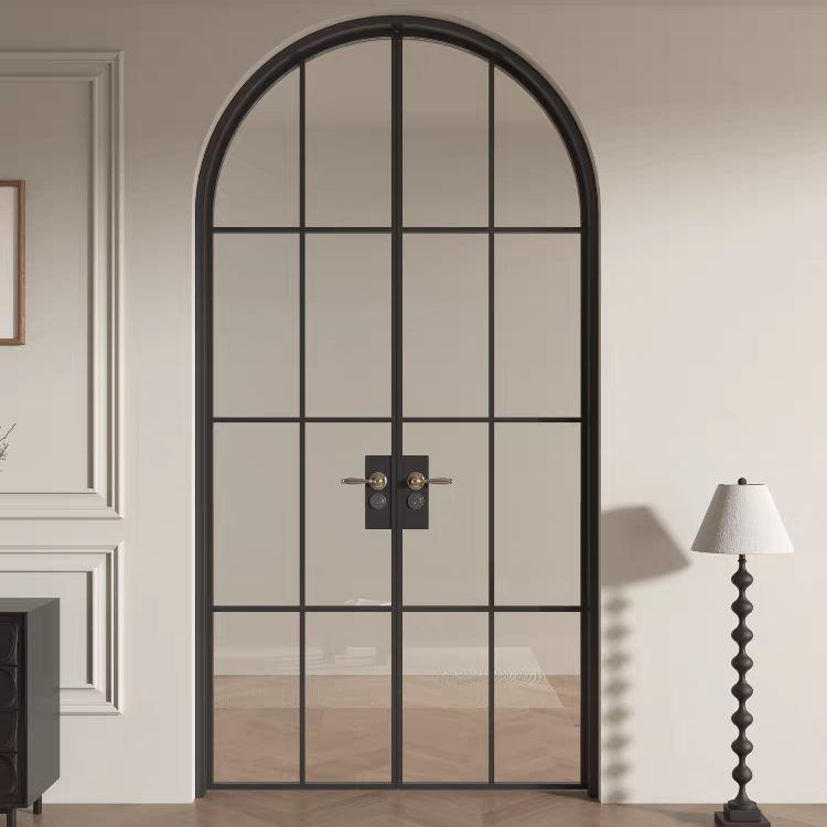 Arched Glass Double Entry Door Black Security Frame