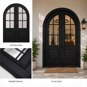 Modern Luxury Arched Double Front Entry Doors Black Solid Wood Exterior Main Entrance Door