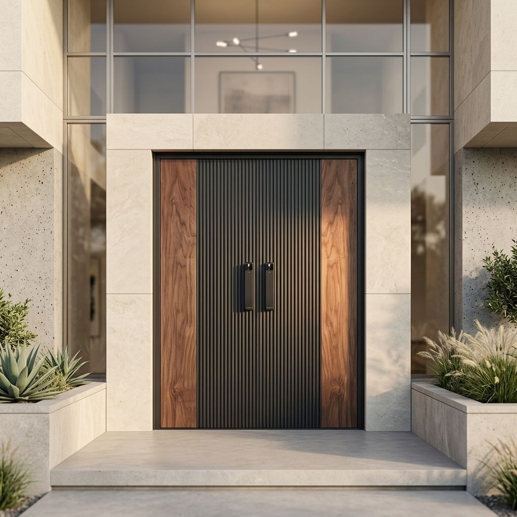 Minimalist Wood Grain Aluminum Pivot Entry Door