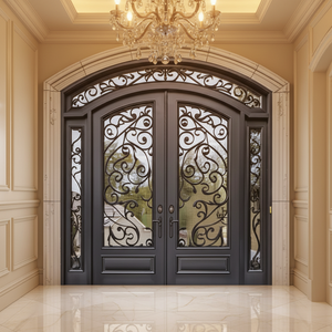 Luxury Exterior Entrance Wrought Iron Glass Anti-Theft Security Front Entry Doors