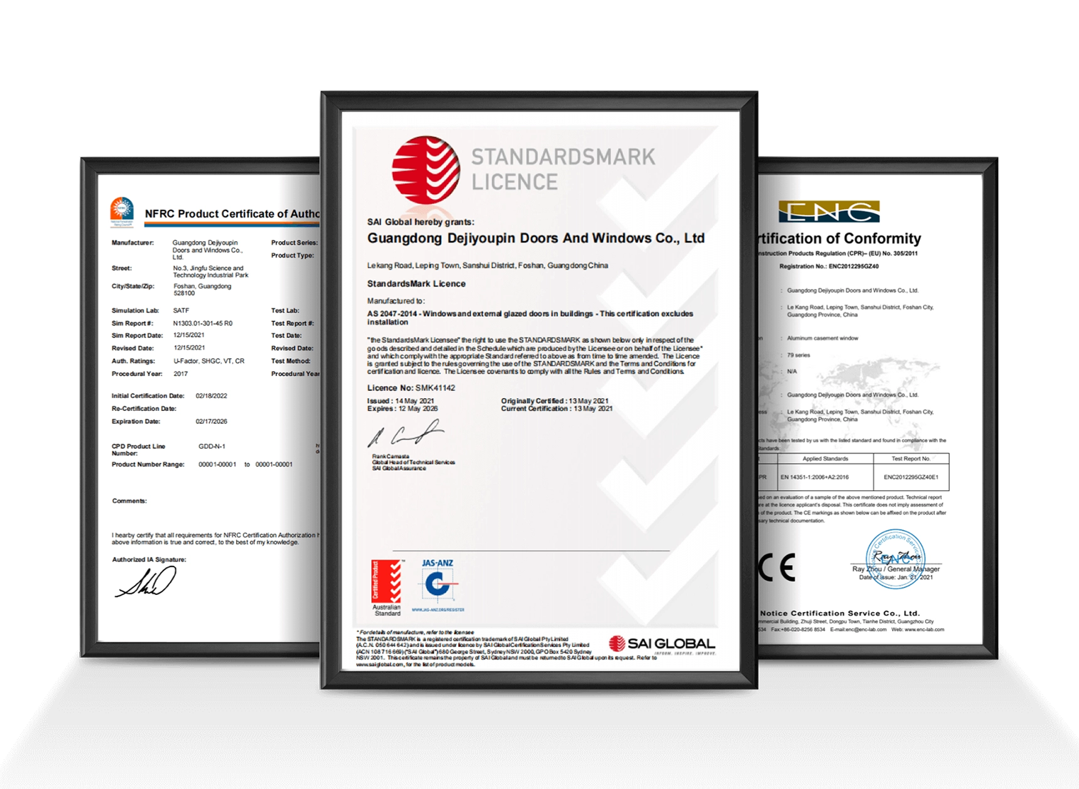 DERKI entry door certificates CE ISO 9001 AS2047 UL